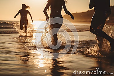 Backlit shot of teenagers running, having fun, playing and splashing water around them. At the beach during a sunny afternoon Stock Photo