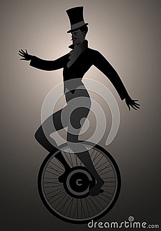 Backlit silhouette of equilibrist dressed in the old fashion, wearing top hat, balancing on unicycle Vector Illustration