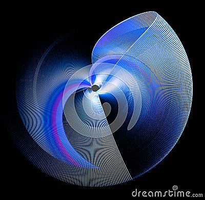 Backlit, transparent, airy, rounded blue elements are straight, curved and rotated against a black background. Cartoon Illustration