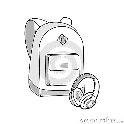 Backpack, bag, rucksack and headphones vector isolated set. Youth fashion hipster knapsack illustration in minimalist style. Vector Illustration