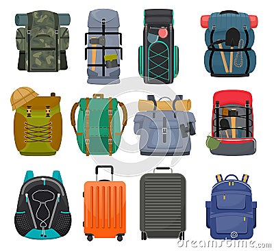 Backpack camp vector backpacking travel bag with tourist equipment in hiking camping and climbing sport knapsack or Vector Illustration