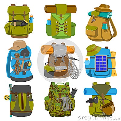 Backpack camp vector backpacking travel bag with tourist equipment in hiking camping and climbing sport knapsack or Vector Illustration