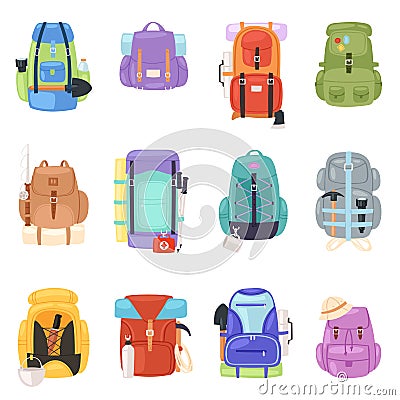 Backpack camp vector hiking camping and climbing sport knapsack rucksack illustration set of backpacking travel bag with Vector Illustration