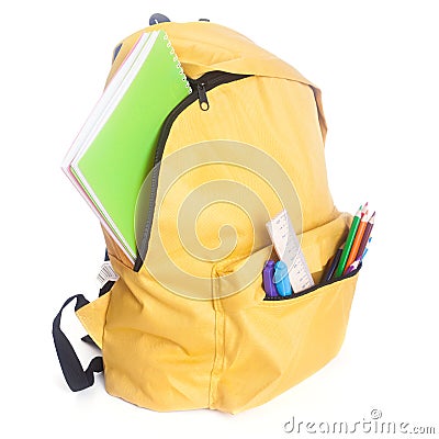 Backpack full of school supplies Stock Photo