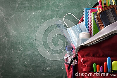 Backpack full of school supplies with mask and gel Stock Photo