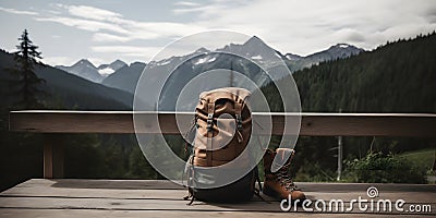 backpack and hiking boots rest on a wooden deck with a mo three generative AI Stock Photo