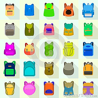 Backpack icons set, flat style Vector Illustration