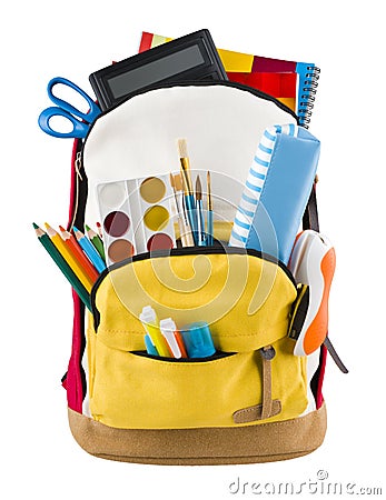 Backpack isolated on white backgorund with protruding school supplies Stock Photo