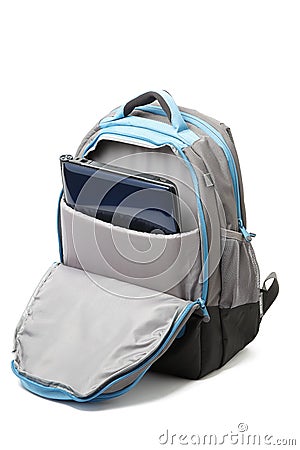 Backpack with a laptop inside isolated Stock Photo