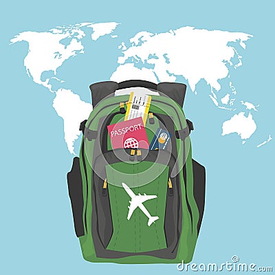 Backpack with passport, air ticket and credit card over world map Vector Illustration