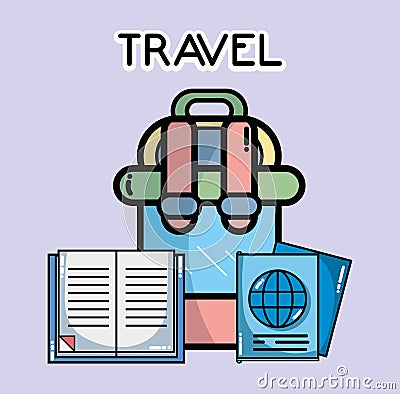 Backpack passport book guide tourist vacation travel Vector Illustration