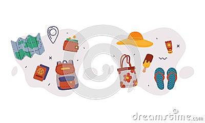 Backpack, Passport and Map as Travel and Tourist Item Vector Composition Set Vector Illustration