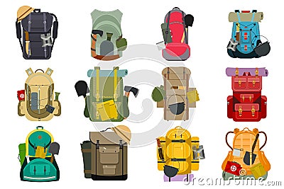 Backpack rucksack travel tourist knapsack outdoor hiking traveler backpacker baggage luggage vector illustration. Vector Illustration