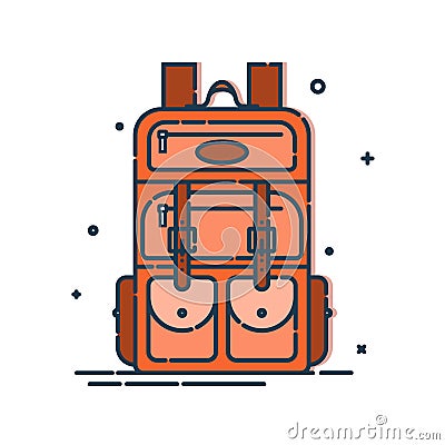 Backpack or schoolbag with pockets and zipper element. Education and study rucksack for students and traveling icon. Tourism bag. Vector Illustration