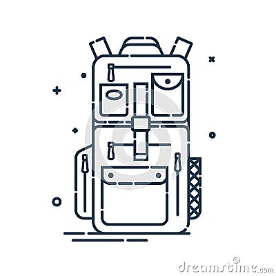 Backpack or schoolbag with pockets and zipper element. Education and study rucksack for students and traveling icon. Tourism bag. Vector Illustration