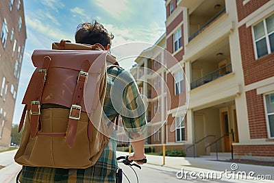 backpack on shoulders of student cycling past college dorms Stock Photo