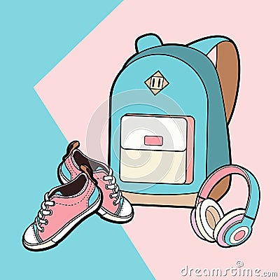 Backpack, sneakers and headphones isolated set. Youth fashion hipster rucksack, shoes illustration. Vector Illustration