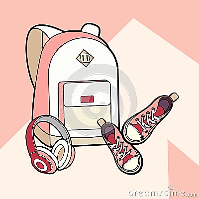 Backpack, sneakers and headphones vector isolated set. Youth fashion hipster rucksack, shoes illustration in minimalist style. Vector Illustration