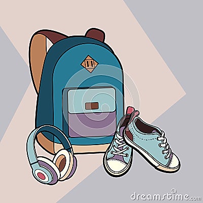 Backpack, sneakers and headphones vector isolated set. Youth fashion hipster rucksack, shoes illustration in minimalist style. Vector Illustration