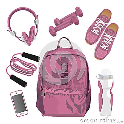 Backpack and sport accessories. Set. isolated on white background Vector Illustration