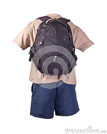 backpack sports shorts shirt with a collar with buttons isolated on white foane. clothes for every day Stock Photo