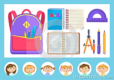 Backpack and Stationery, Pupils and Notebooks Vector Illustration