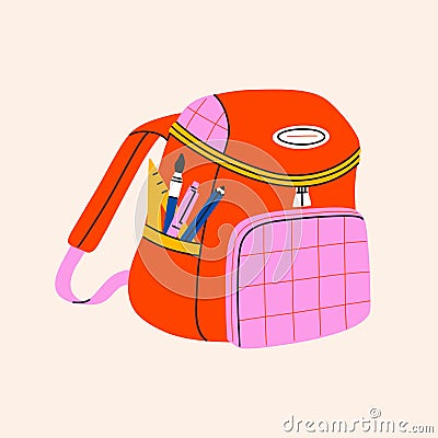 Backpack with study supplies and stationery. Colorful schoolbag for kids Vector Illustration