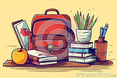 Backpack surrounded by school stationery Stock Photo