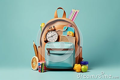 Backpack Surrounded by School Stationery. Generative ai Cartoon Illustration