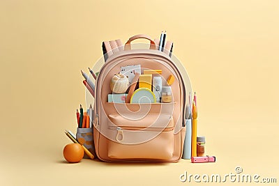 Backpack Surrounded by School Stationery. Generative ai Cartoon Illustration