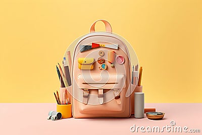 Backpack Surrounded by School Stationery. Generative ai Cartoon Illustration