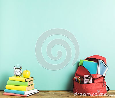 backpack textbooks desk. High quality photo Stock Photo