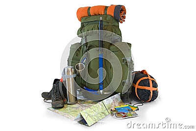 Backpack with tourist equipment on white Stock Photo