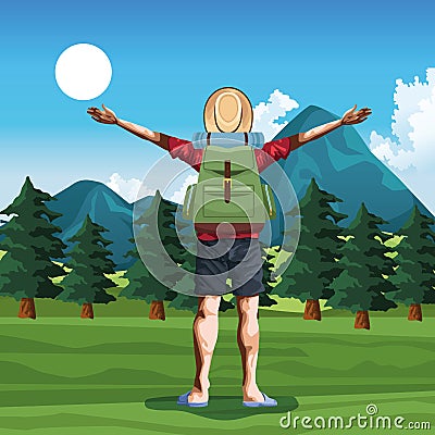 Backpack traveler tourist back cartoon Vector Illustration