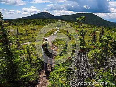 Backpacker on Appalachian Trail in Maine Mountains, Mahoosuc Range Editorial Stock Photo