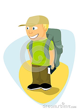 Backpacker boy with travel guide Vector Illustration
