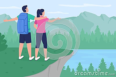 Backpacker couple in countryside flat color vector illustration Vector Illustration