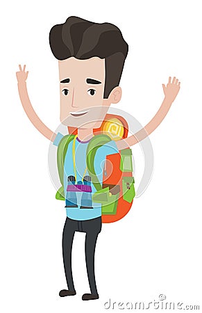 Backpacker with hands up vector illustration. Vector Illustration