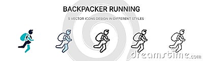 Backpacker running icon in filled, thin line, outline and stroke style. Vector illustration of two colored and black backpacker Vector Illustration