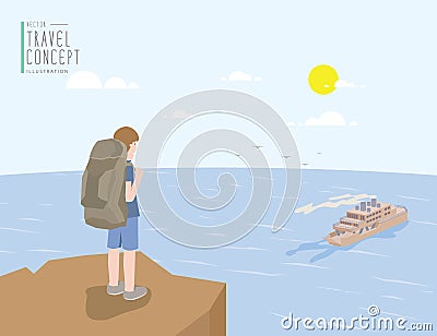 Backpacker standing on a cliff looking out to the sea and ferry Vector Illustration