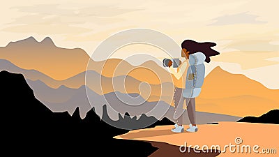 Backpacker standing on top of mountain, vector illustration Cartoon Illustration