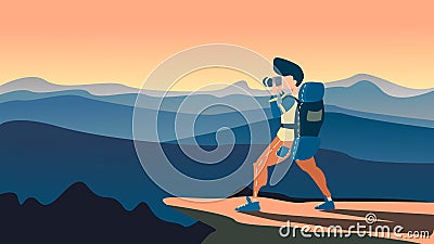 Backpacker standing on top of mountain, vector illustration Cartoon Illustration