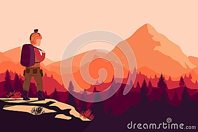 Backpacker standing on top of mountain, illustration Cartoon Illustration