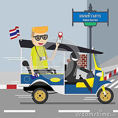 Backpacker tourist riding on tuk tuk local taxi vehicle with three wheels using mobile navigation map application on smart phone Vector Illustration