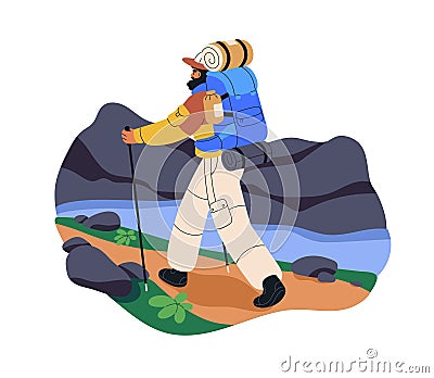 Backpacker trekking, hiking with walking poles. Hiker tourist with backpack, explorer camper travels alone in nature Vector Illustration