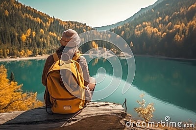 Backpacker woman with backpack enjoying the turquoise mountain lake. AI Generative Stock Photo