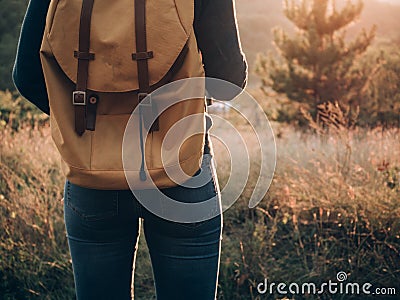 Backpacker woman on journey. Rear view of traveler woman. Stock Photo