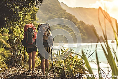 Backpackers exploring remote and untouched natural settings. Stock Photo