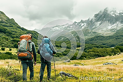 Backpackers exploring remote and untouched natural settings. Stock Photo