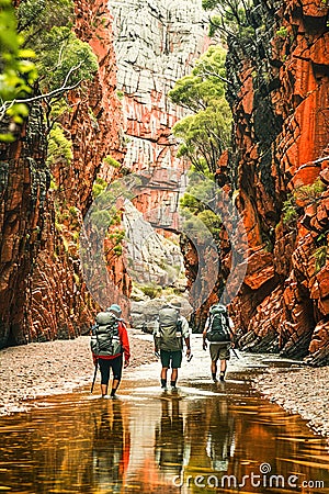 Backpackers exploring remote and untouched natural settings. They walk across the river. Stock Photo